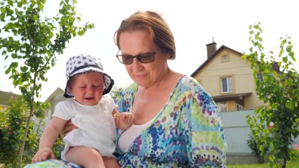 Toddler with flower on grandmothers hands. Young grandmother with baby. — Stock Video