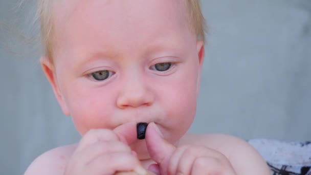 Nutrición para bebés. Alimento ecológico para bebés. Bebé comiendo al aire libre. Primera alimentación . — Vídeo de stock