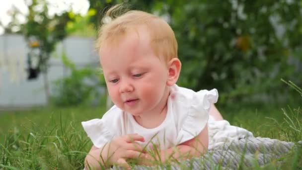 Ragazza dagli occhi azzurri sorridente all'aperto. Bambino nella foresta estiva. Bambino sul prato . — Video Stock