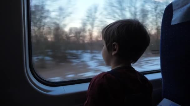 Menino viajando no trem olhando para fora da janela. Conceito de viagem. Férias escolares à frente. Pré-escolar sentado no trem . — Vídeo de Stock