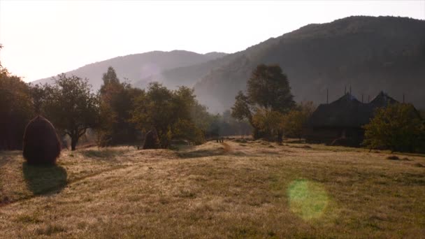 田舎のシーン。村の夏休み。アルプスの伝統的な村の家と草原を背景に。カルパチア山脈晴れた夏の日のアルプス — ストック動画