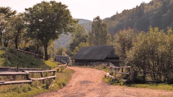 시골 장면입니다. 배경에 산이있는 지상 도로. 마을에서 여름. 산악 마을에서 나무 울타리입니다. 전통적인 우크라이나어 마을입니다. 좁은 지면 도로, 정적 프레임. 더운 여름날 — 비디오