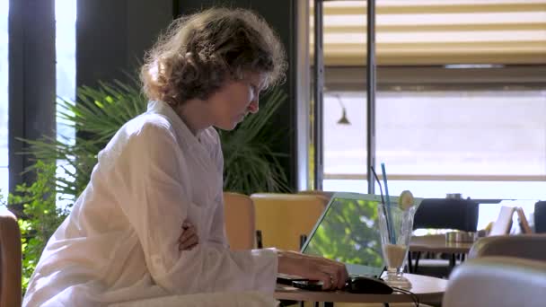 フリーランスのコンセプト。旅行と仕事の背景。テーブルに座っているラップトップコンピュータを持つ女性。仕事と休暇の背景。カクテルとノートを持ってテーブルに座っている。ビジネス休暇 — ストック動画