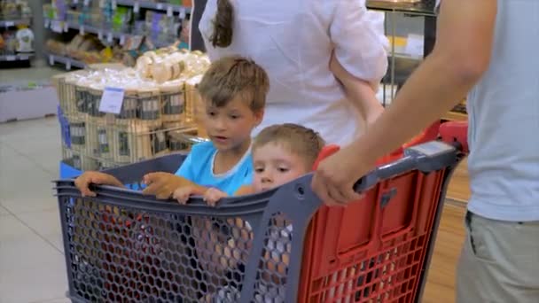 Fondo de compras. Niños sentados en el carrito de compras. Padre conduciendo el carrito de compras con dos niños sentados en él. Comprar comida en un supermercado. Familia Elegir productos con carrito de compras — Vídeos de Stock