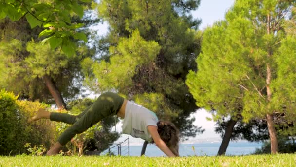 Jonge sportieve moeder doen yoga oefening met haar schattig dochtertje in slowmotion. Vrouw met kind trein in een groen park. Helthy familie levensstijl concept. — Stockvideo