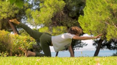 30 yaşında bir kadın parkta çimenlerde fitness egzersizleri yapıyor. İnsanlar doğadaki zihinsel ve fiziksel sağlıklarıyla ilgilenirler. Ön bahçede, arka bahçede temiz hava üzerinde fiziksel egzersizler