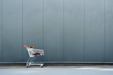 Süpermarketteki alışveriş arabasında oturan çocuk. Babam markette bebeği itiyor. Alışveriş arabasındaki bebek. Çocuklar ve alışveriş. Aile, çocukluk, bekleme ve insan kavramı