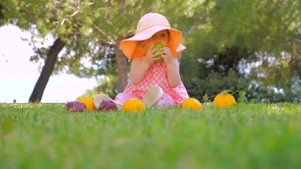 Frutas frescas ao redor do bebê sentado no jardim da frente. Criança no panamá se divertindo ao ar livre no quintal. Feliz conceito de infância. Criança sentada na grama verde esperando a mãe. Parte da série — Vídeo de Stock