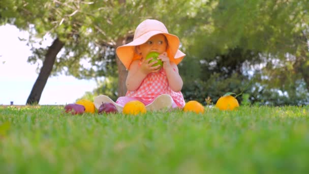 Bio gyümölcsök háttere. Kid táplálkozás szerves Alma a parkban. Gyermek Panama szórakozik kültéri hátsó udvarban. Boldog gyermekkori koncepció. Kisgyermek ül zöld fű várja az anya. — Stock videók