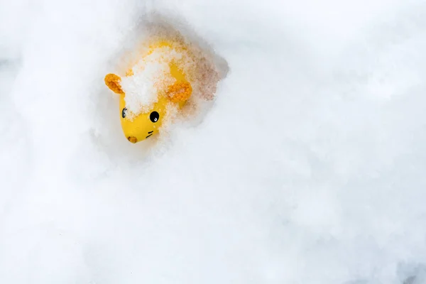 Νέο 2020 έτος του αρουραίου. Κινέζικο νέο έτος. Λευκό χιόνι με κίτρινο αρουραίο, ποντίκι. Ευχετήρια κάρτα με αρουραίο. Αστείο ποντίκι στο χιόνι. Σύμβολο του 2020 έτους. Αρουραίος στο χιόνι — Φωτογραφία Αρχείου
