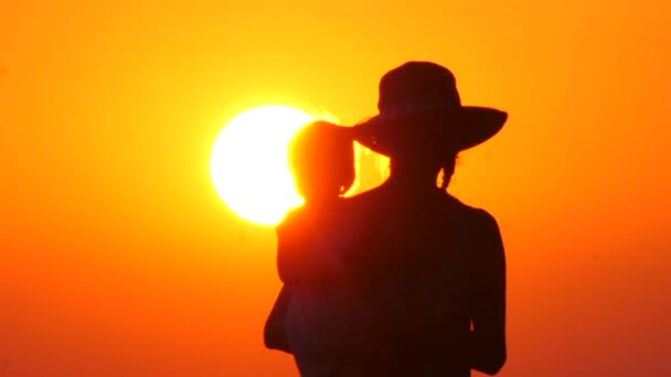 Silhouetten von Mutter und Kind in ihren Armen vor dem Hintergrund des Sonnenuntergangs. eine Elternfamilie. Beziehungen, Gefühle in der Familie. Mutterschaft und kindlicher Hintergrund. Mensch und Natur — Stockvideo