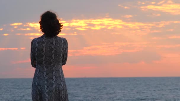 Piękna Smukła Kobieta Ciesząca Się Wschodem Słońca Plaży Widok Tyłu — Wideo stockowe