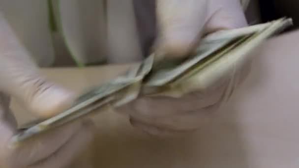 Close Up of Banker Hands Counting Money. Teller Works with Cash in Protective Gloves. Clerk Counting Dollars Cash Money. Cashier Recounts American Banknotes. Bank Cash Department. One Hundred Dollar — Stock Video