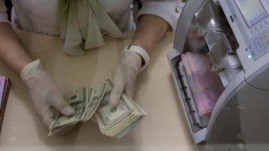 Bankacı Eller Dolar Sayıyor, Makine Ukrayna Hrivnias Faturalarını Sayıyor. Tıbbi Eldiven Çalışanlarının Elleri Amerikan Dolarlarını ve Hryvnialarını Sayıyor. Ukrayna 'daki Gerçek Para Takas Bürosu' nda