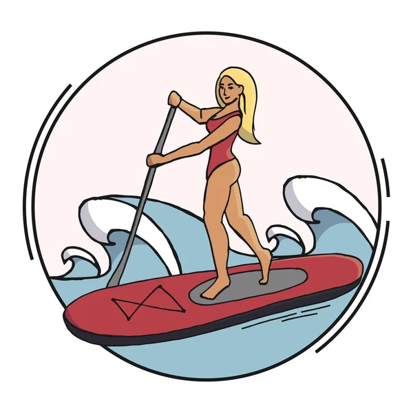 Stand Up Paddle SUP surfing cartoon vector illustration with blonde girl on a supboard with paddle on waves in a circle