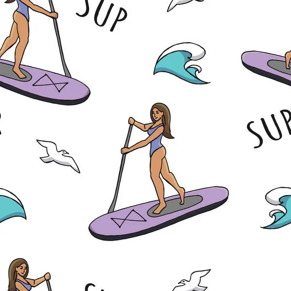 Stand Paddle Sup Surfing Kartun Vektor Gambar Mulus Dengan Gadis - Stok Vektor