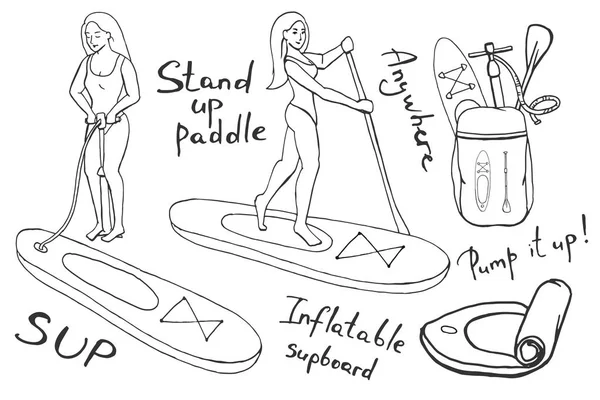 Stand Paddle Boarding Coleção Elementos Esboço Sup Surf Desenho Animado —  Vetores de Stock