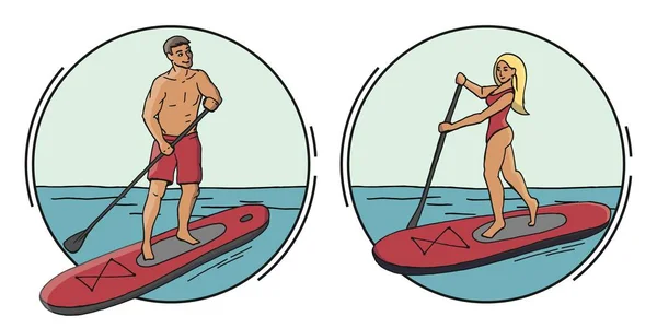 Stand Up Paddle Boarding SUP surfing cartoon vector illustration with young woman and man on a supboard with paddle on flat water isolated on a white background in circle print emblem or label