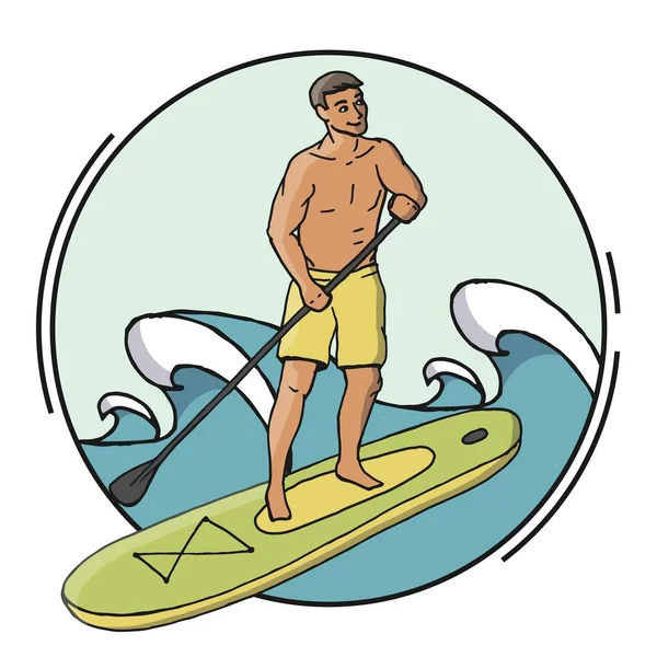 站起来桨寄宿在冲浪卡通矢量插图与年轻人在一个 Supboard 与桨在白色背景上的波浪隔离在圆圈印刷标志或标签 — 图库矢量图片