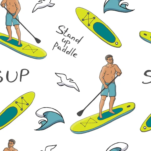 Stand Up Paddle SUP surfing cartoon vector illustration seamless pattern with young man, supboard, paddle, lettering, wave and seagull on a white background