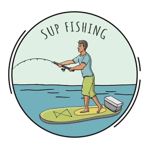 Stand Up Paddle Boarding SUP surfing cartoon vector illustration with young man on a supboard with rod fishing on water in a circle for print emblem or label