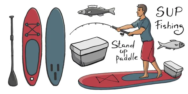 Stand Paddle Boarding Collectie Sup Surfen Cartoon Vectorillustratie Set Met — Stockvector