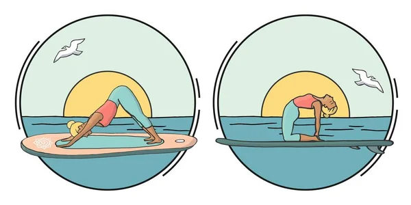 Stå Upp Paddla Ombordstigning Sup Surf Yoga Tecknade Vektorillustration Med — Stock vektor