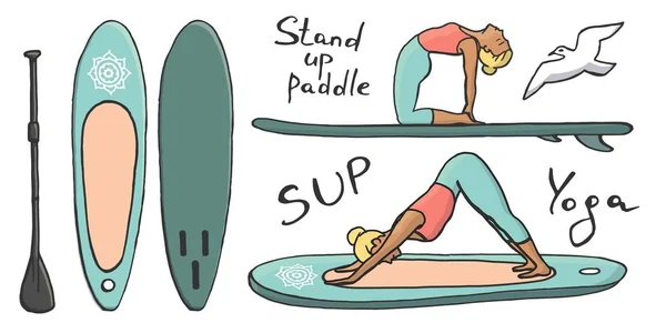 Stand Paddle Boarding Koleksi Yoga Ilustrasi Vektor Kartun Berselancar Sup - Stok Vektor