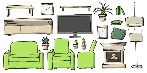 Handgezeichnetes Cartoon-farbiges Wohnzimmermöbelset. Sammlung von Einrichtungselementen und Raumdekor-Vektorillustrationen isoliert auf weißem Hintergrund — Stockvektor
