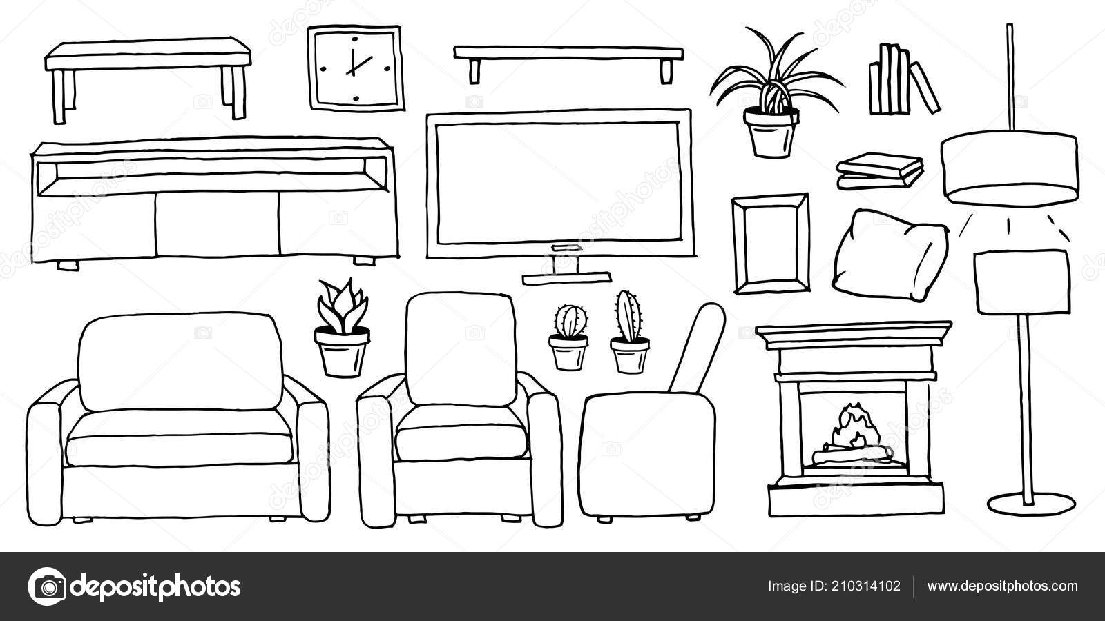 Hand drawn cartoon black and white living room furniture set. Monochrome  collection of house furnishing elements and indoor decor contour vector  illustrations isolated on a white background Stock Vector Image by  © #