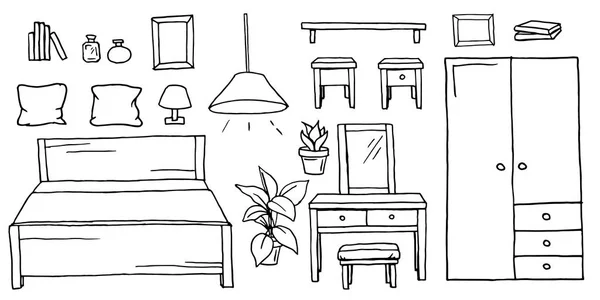 手の描かれた漫画白黒ベッドルーム家具のセット。家の家具の要素、白い背景で隔離室内装飾輪郭ベクトル イラストの白黒コレクション — ストックベクタ