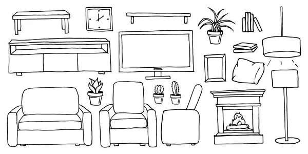 手の描かれた漫画黒と白の居間の家具セット。家の家具の要素、白い背景で隔離室内装飾輪郭ベクトル イラストの白黒コレクション — ストックベクタ