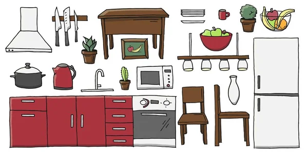手描き下ろし漫画色のキッチン家具を設定します 部屋の家具の要素や白い背景で隔離室内装飾ベクトル イラスト集 — ストックベクタ