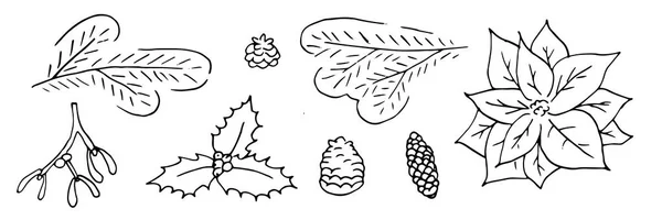 Ensemble de dessins animés contour noir et blanc de plantes de Noël. Modèles de caniche collection avec branche de pin, houx, gui, poinsettia et pinecones dessinés à la main monochrome isolé sur blanc — Image vectorielle