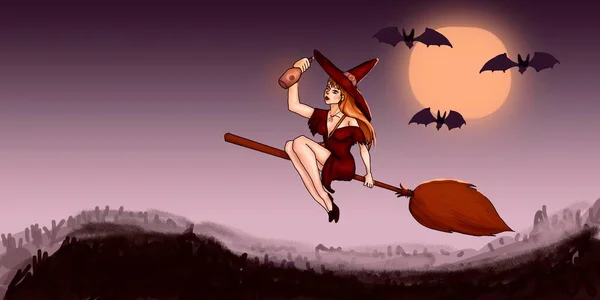 Czerwona wiedźma lata na miotle. Na tle pełni księżyca i nietoperzy. W rękach eliksiru. Ilustracja na Halloween. — Zdjęcie stockowe