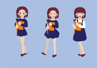 Okul temasındaki simgeler ve karakterler. Düz dizayn. Vektör.