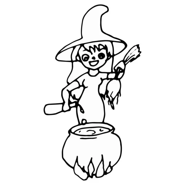 Witch brews potion in cauldron. silhouette of the old scary witch with magic cauldron — Stock Vector