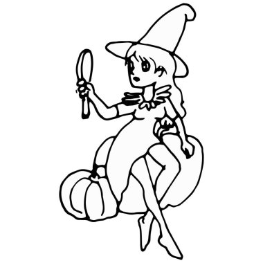 Cadılar bayramındaki bir rengin vektör çizimi, cadı şapkalı komik bir kedi balkabağının üzerinde oturuyor..