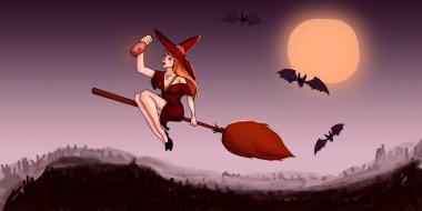 Kırmızı cadı süpürgeyle uçuyor. Dolunay ve yarasaların arka planına karşı. İksirin ellerindeydi. Cadılar Bayramı için İllüstrasyon.