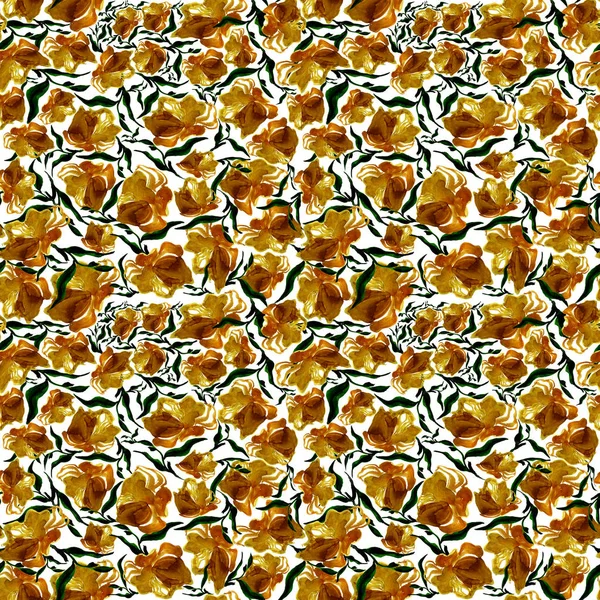 Purple Flowers and herbs seamless pattern on background. Colorful blossoms. Cartoon style. Wallpaper or fabric designGolden flowers with green leaves on a white background.