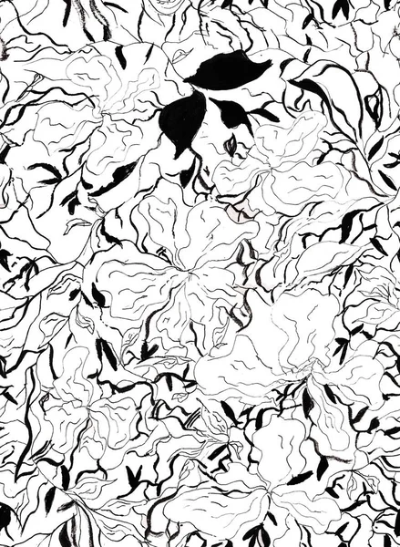 Black-and-white flowers, graphics, hand-painted. Seamless pattern.