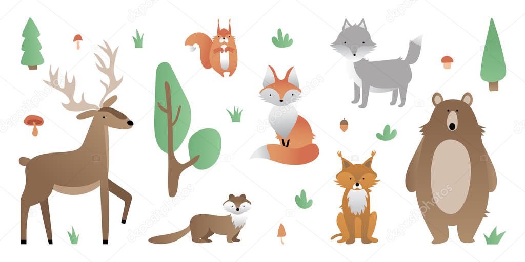 vector set of animals and trees