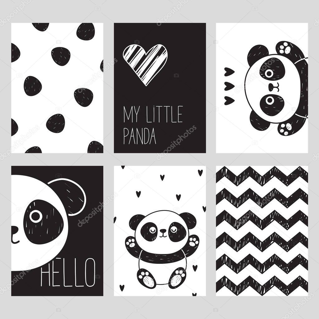 Set of six black and white cards with cute panda. My little panda. Hello. Vector illustration in the Scandinavian style. 