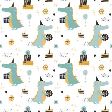 Sevimli doğum günü timsahları kusursuz desen, basit vektör çizimi