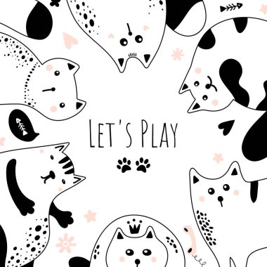 Sevimli kediler. Oynayalım. Çocuk odası için çocukça parmak izleri, çocuk kıyafetleri, poster, kartpostal. Vektör İllüstrasyonu.