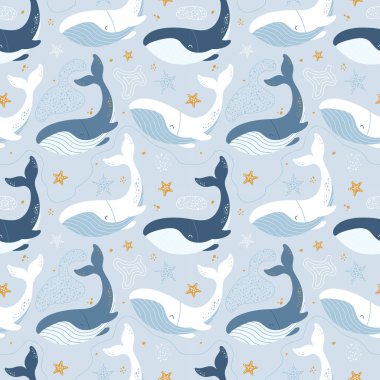 Balinalarda kusursuz desen. Deniz teması. Şirin, mavi bir arka plan. Mavi balinalar, altın denizyıldızı. Kumaş, duvar kâğıdı, giysi için uygun.