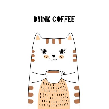 Sevimli kedi tutacağı olan kahve posteri, basit vektör illüstrasyonu.