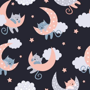 Ay 'da kedileri olan hoş, pürüzsüz bir desen. Gökyüzündeki sevimli kediler yıldızların, ayın ve bulutların arasında. Çocuk vektör geçmişi. Kumaş, giysi, duvar kağıdı, kağıt.