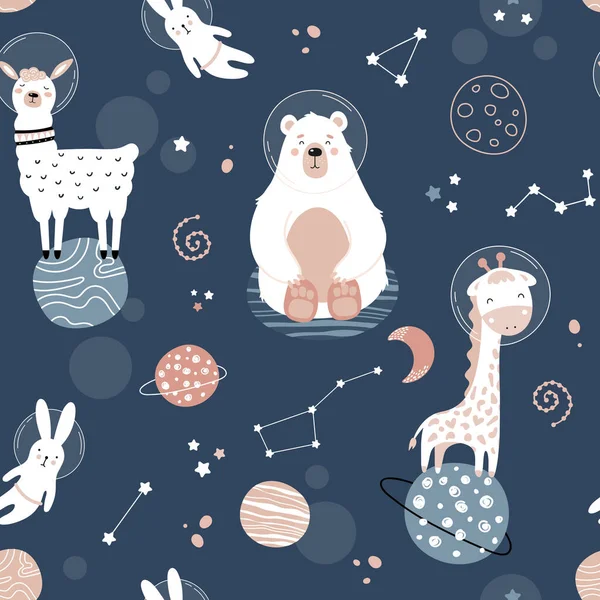 Mignon Motif Sans Couture Avec Des Animaux Espace Ours Lièvre — Image vectorielle