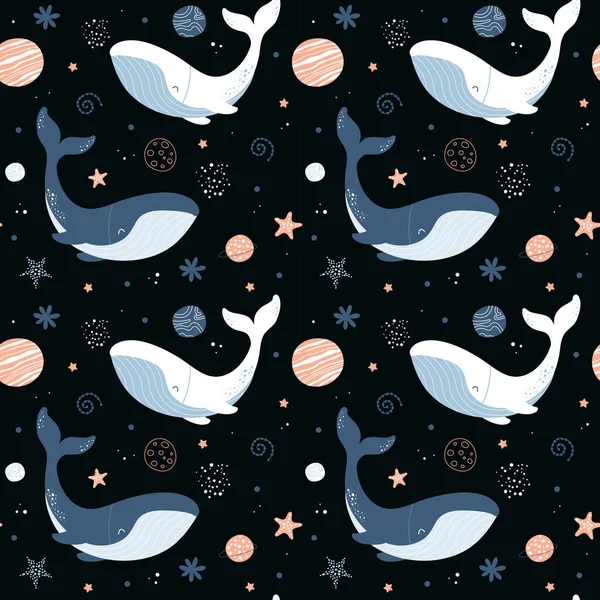 Cute Seamless Pattern Whales Space Whales Planets Stars Night Sky — Stock Vector